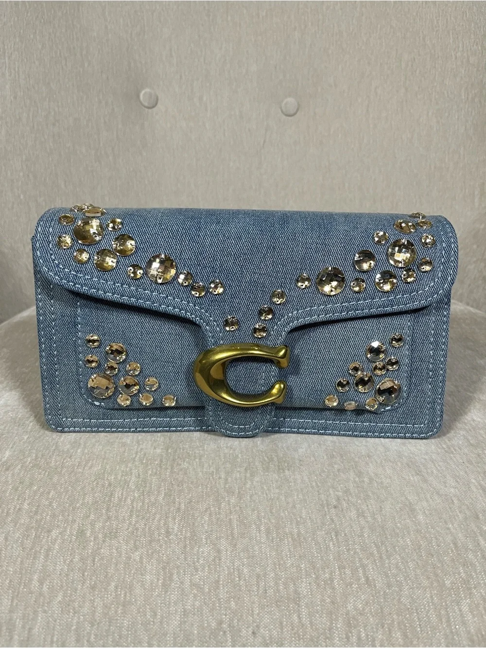Coach Light Blue Denim Crystal-Embellished Clutch with Gold 'C'